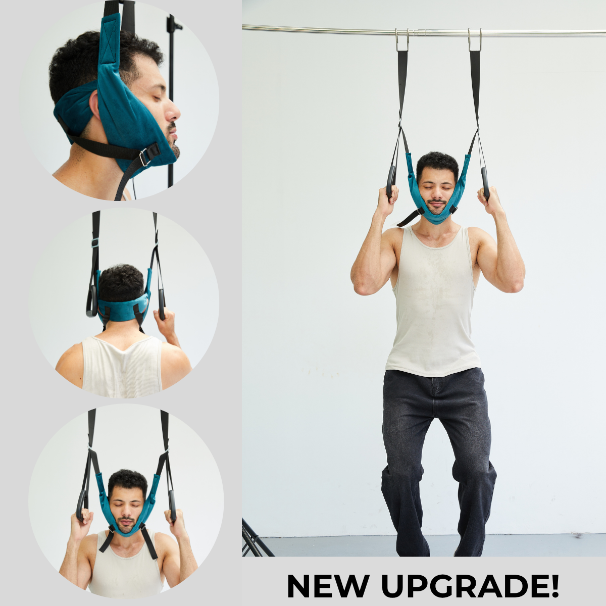 Person using a blue neck traction device with text 'NEW UPGRADE!' on a white background