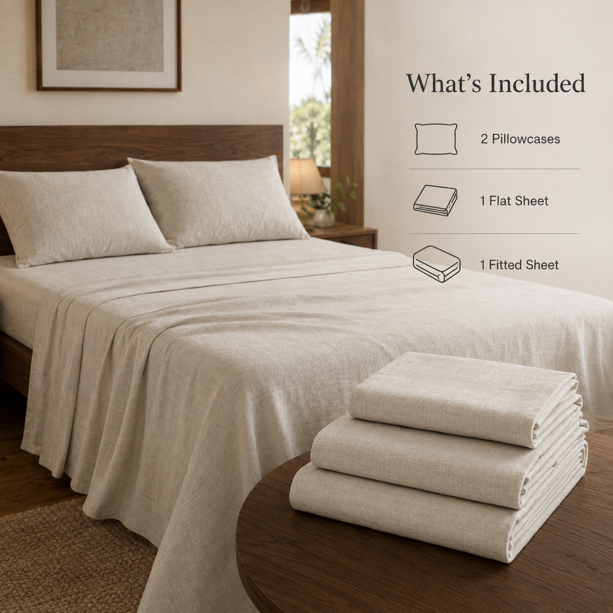 What is included in the VivoSleep linen bed sheet set