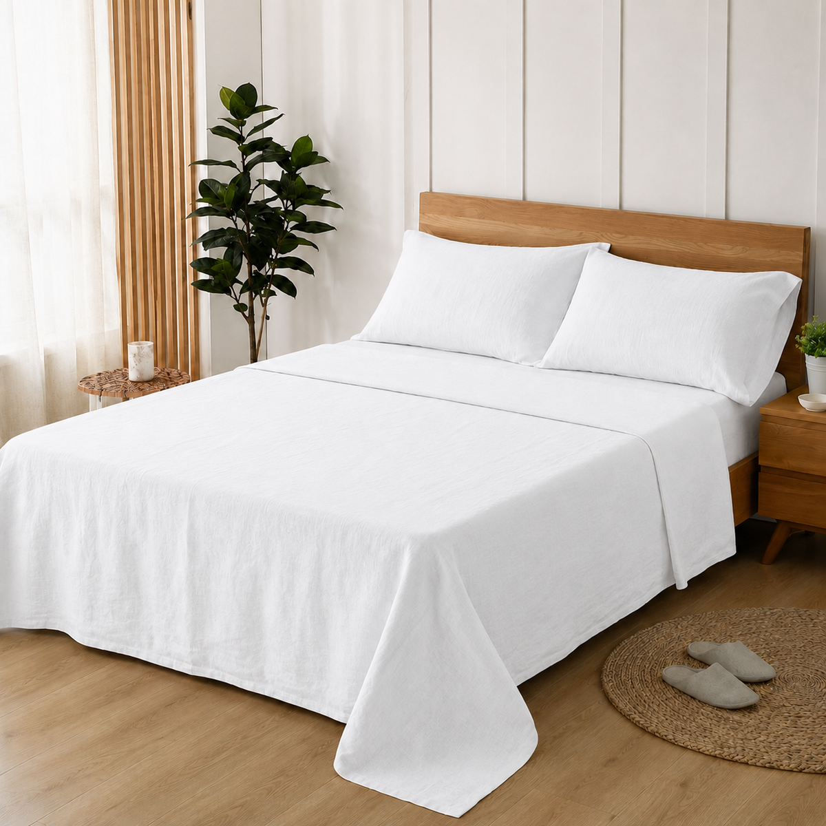 White 100% pure linen bed sheet set made up on a bed