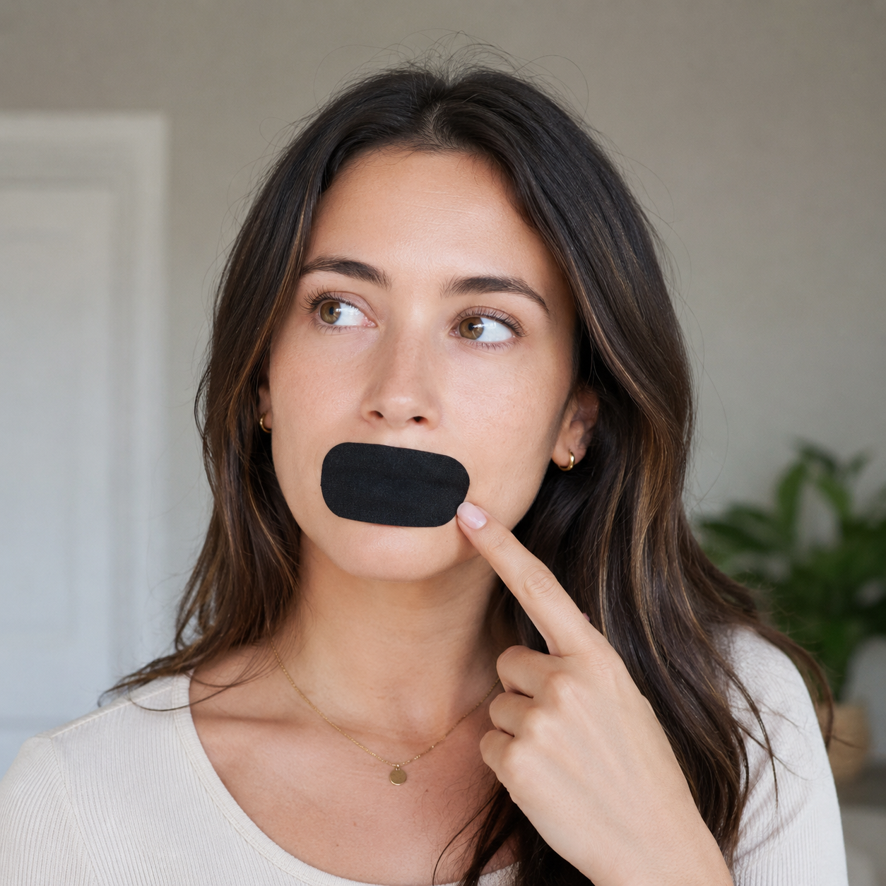 Person wearing a VivoSleep mouth tape strip while sleeping