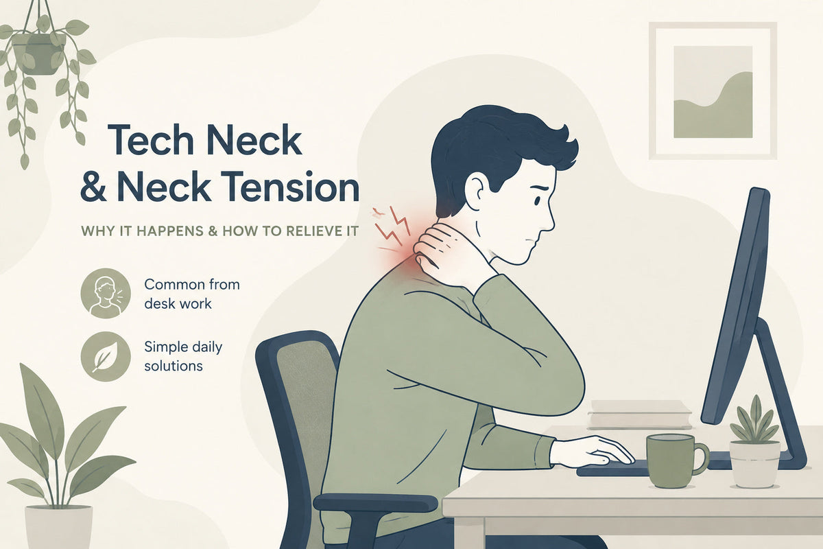 Forward-head tech neck posture from looking down at a laptop and phone