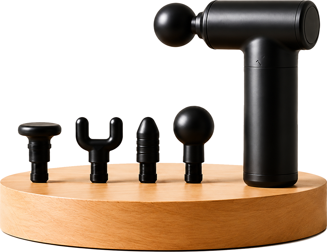 Matte black Vivo Mini massage gun with its set of attachment heads