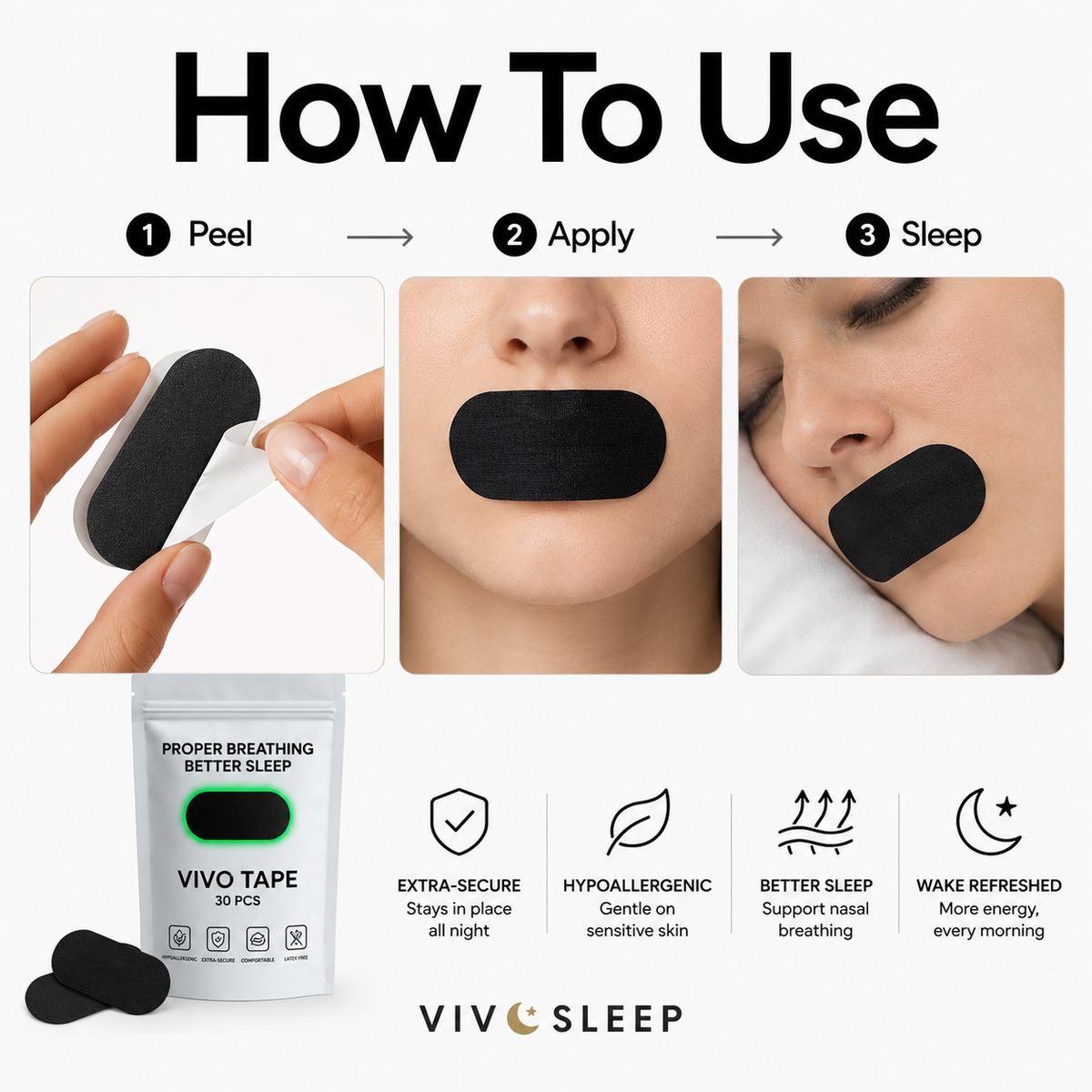 How to apply VivoSleep mouth tape across the lips, step by step